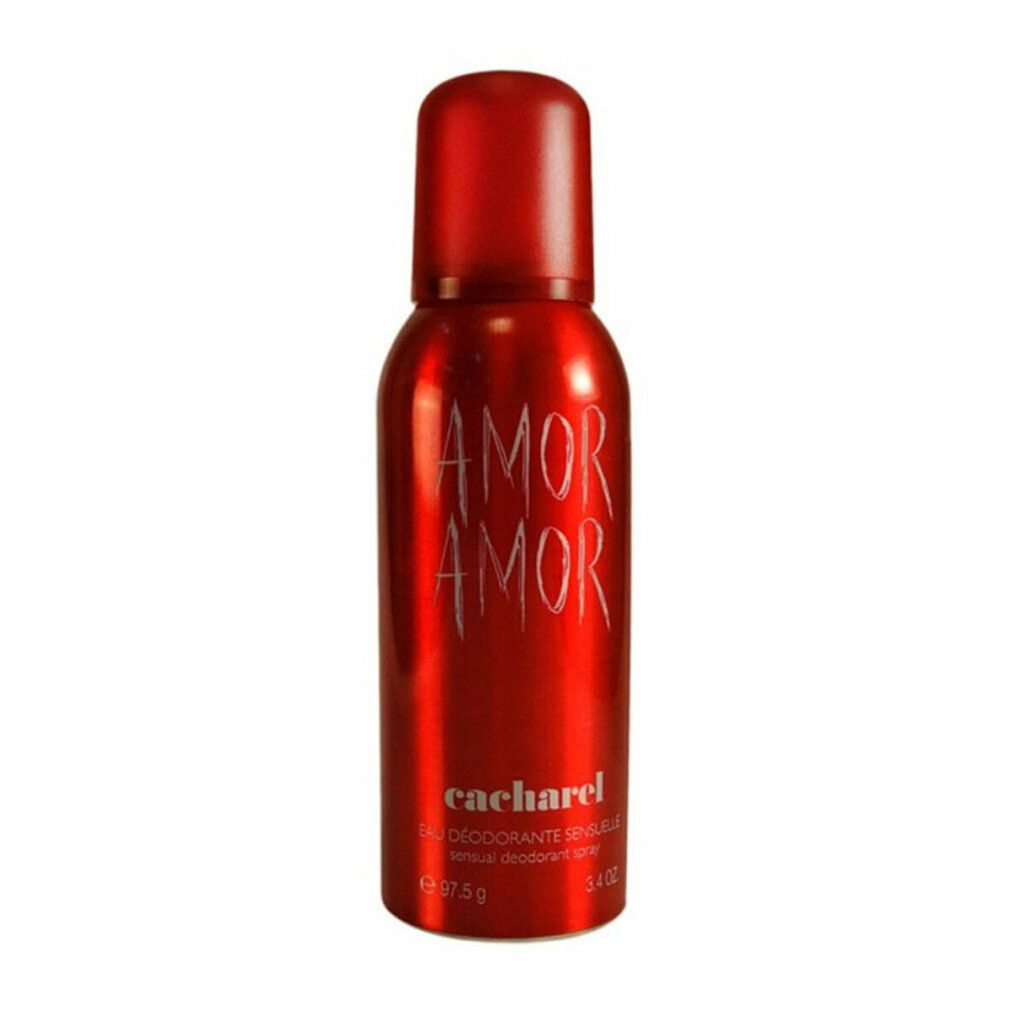 Flacone spray deodorante rosso con tappo rosso. Scritta "AMOR AMOR" e "cacharel". Testo: "Eau Déodorante Sensuelle".