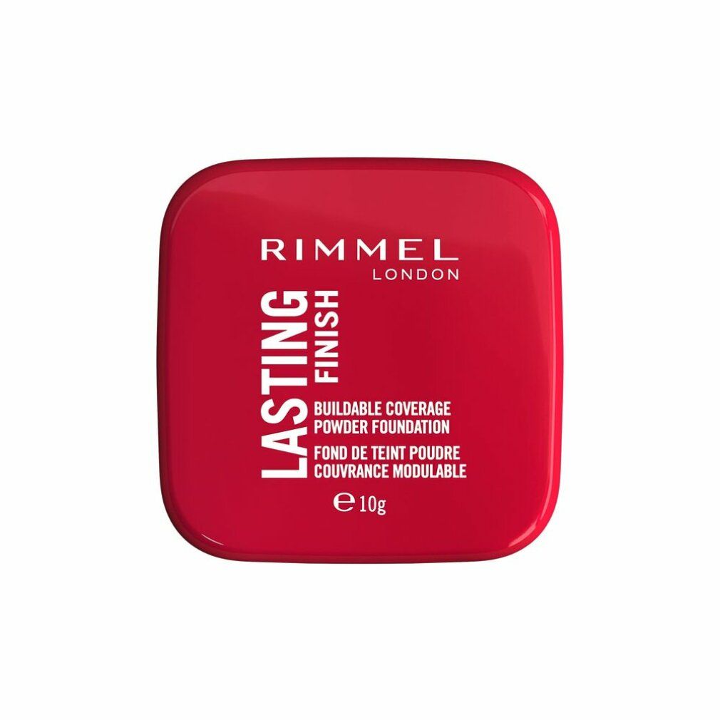 Confezione cipria compatta rossa. Scritta: Rimmel London, Lasting Finish, Buildable Coverage Powder Foundation, 10g.