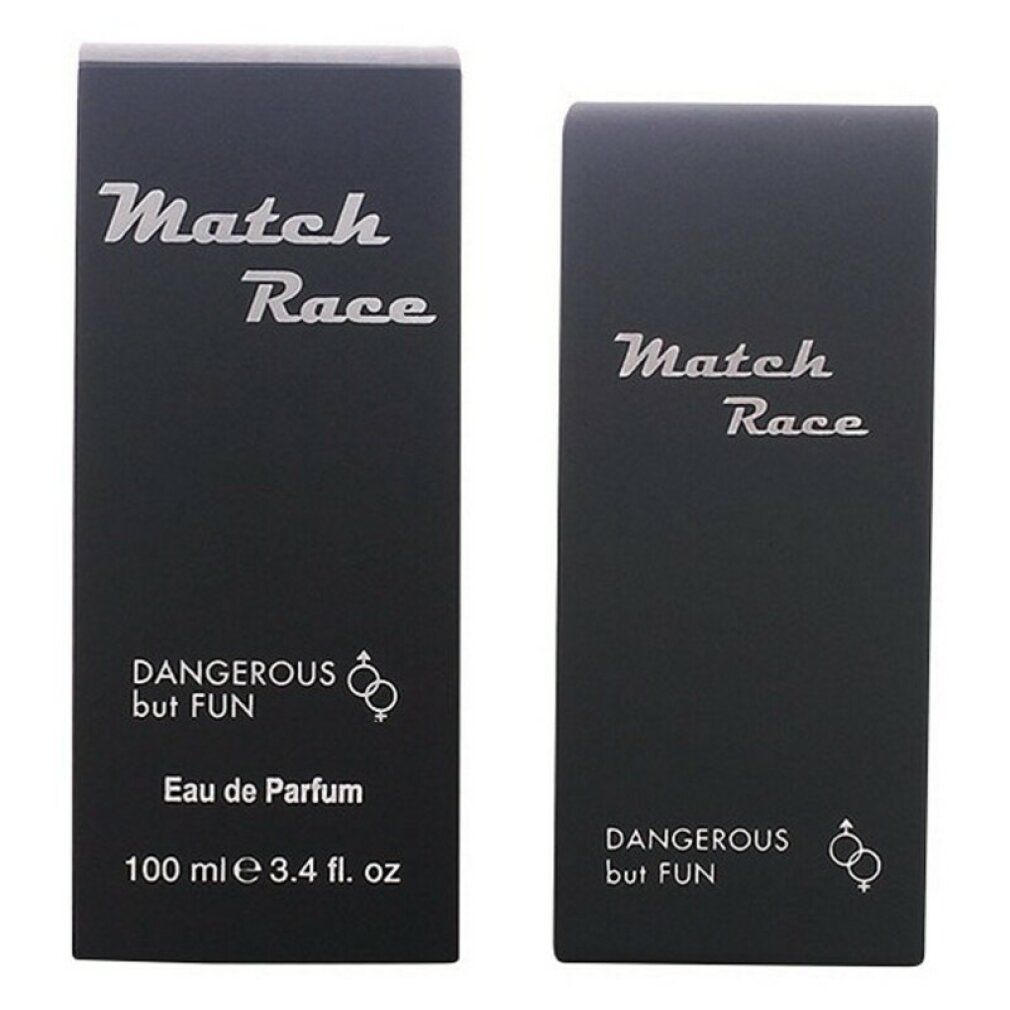 Due confezioni nere di profumo. Scritta "Match Race", "Dangerous but FUN", "Eau de Parfum", 100 ml.