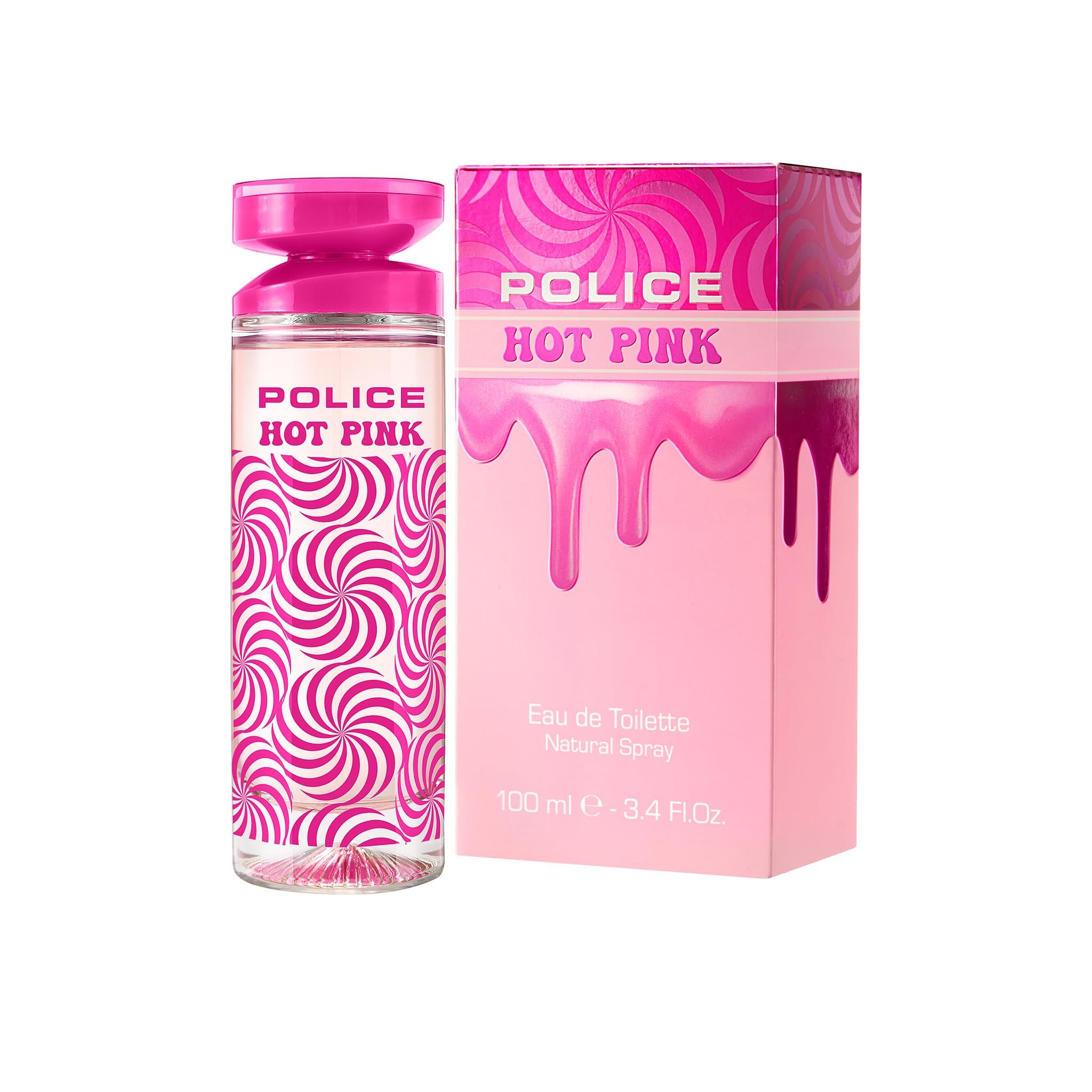 Flacone rosa con motivo a spirale bianco e rosa, tappo rosa. Scatola rosa con testo.