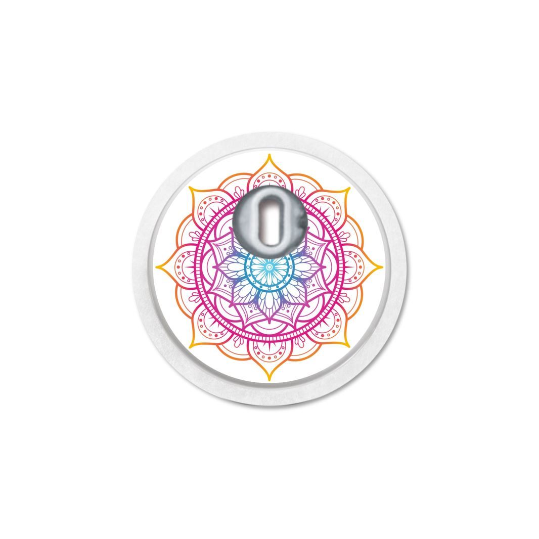 Adesivo rotondo con design mandala e sensore al centro. Sfumatura da arancione a blu.