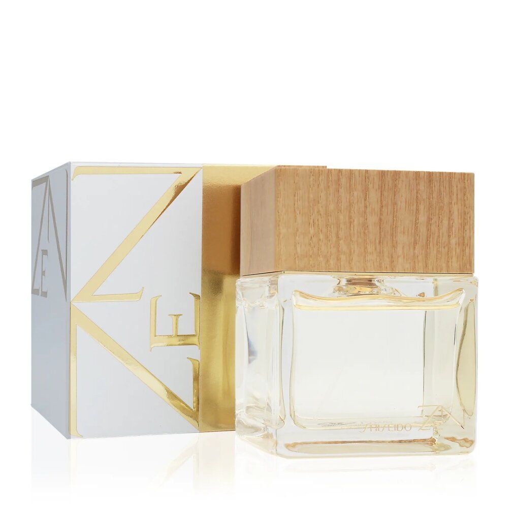 Flacone e confezione. Flacone trasparente con tappo in legno. Confezione bianca con dettagli dorati e scritta ZEN.