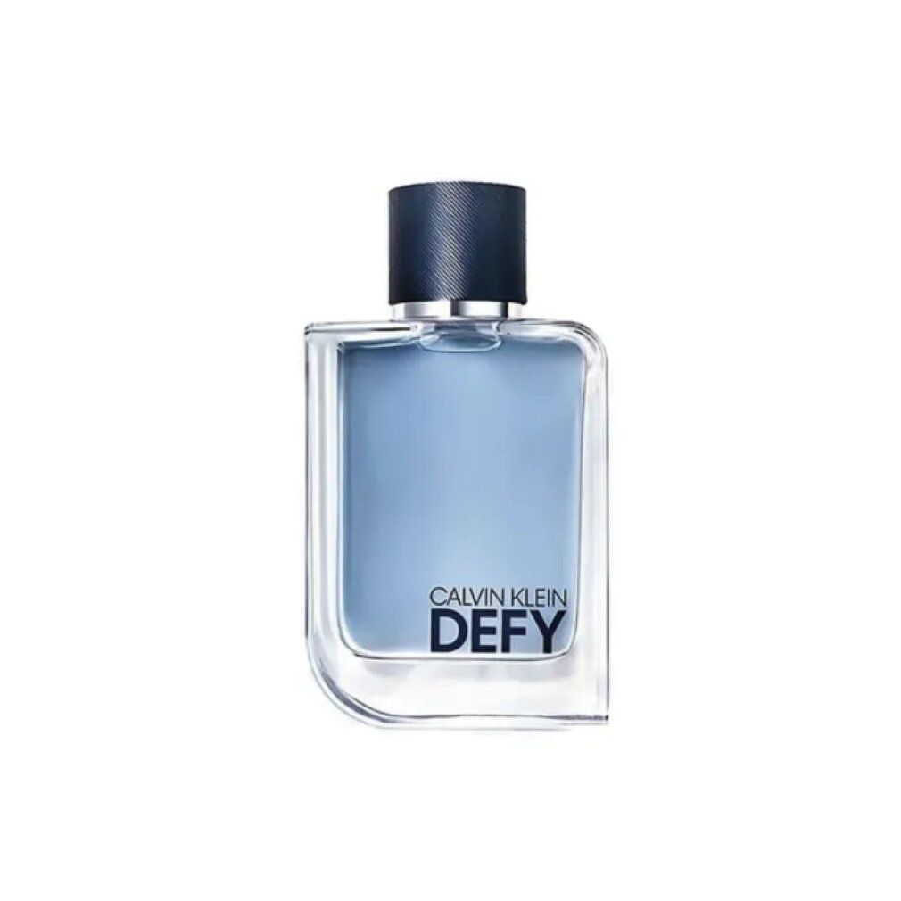 Flacone Calvin Klein Defy Eau de Toilette. Flacone rettangolare, liquido blu, tappo nero, testo Defy.