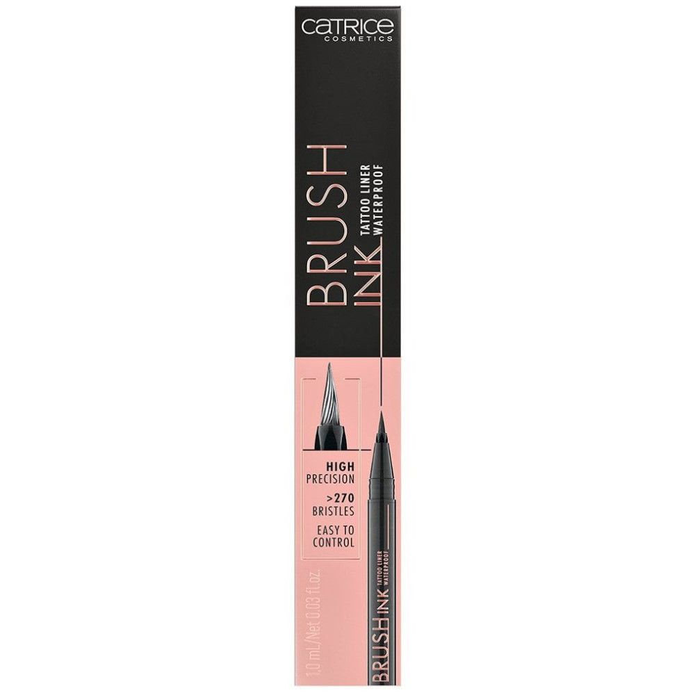 Eyeliner nero in confezione allungata. Scritta "BRUSH INK" e "WATERPROOF" visibile. Marchio: Catrice Cosmetics.