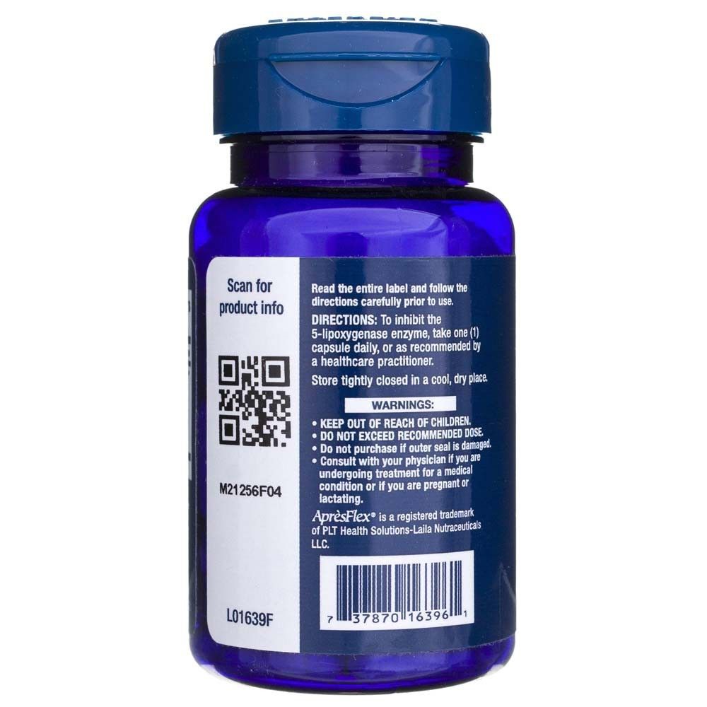 Retro del contenitore Life Extension 5-LOX Inhibitor con codice QR, codice a barre e istruzioni per l'uso.