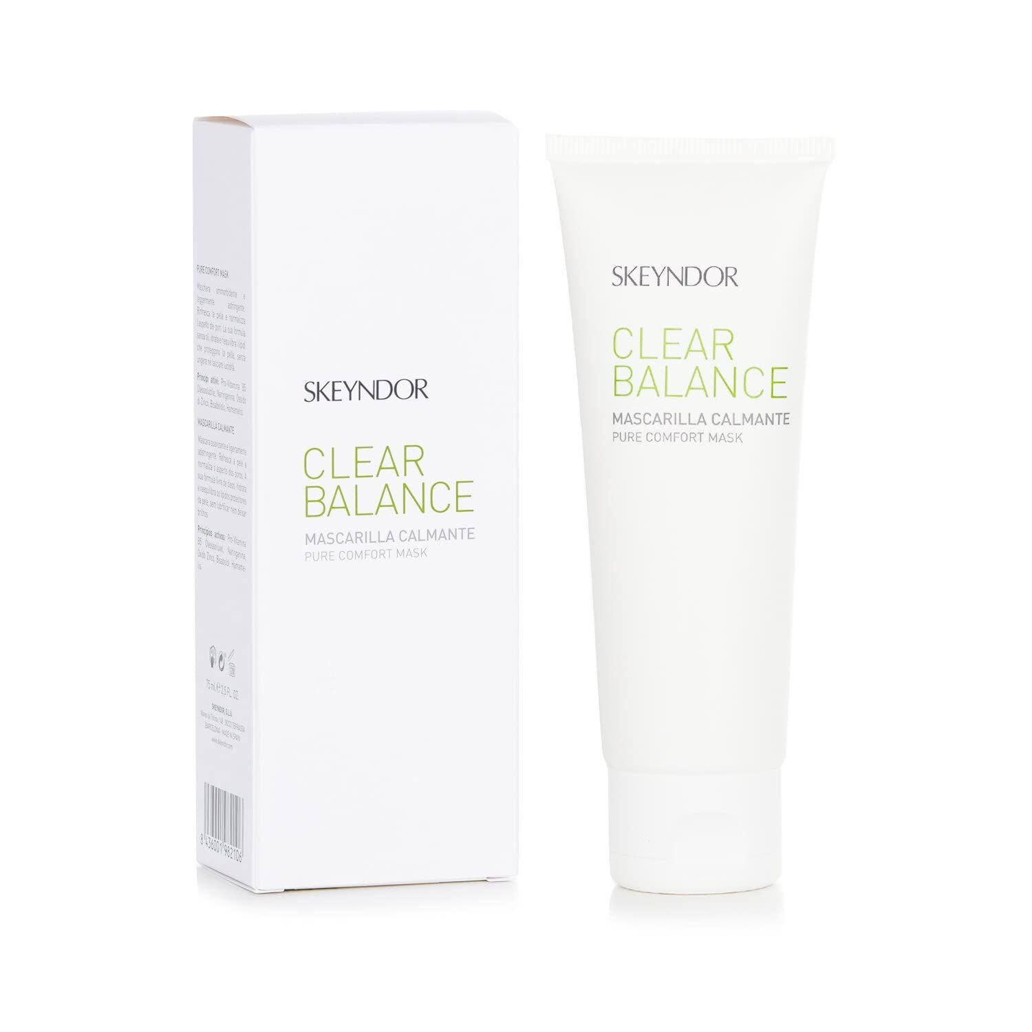 Scatola e tubo bianchi. Sulla scatola: CLEAR BALANCE, Mascarilla Calmante. Marchio: SKEYNDOR. Sul tubo: Pure Comfort Mask.