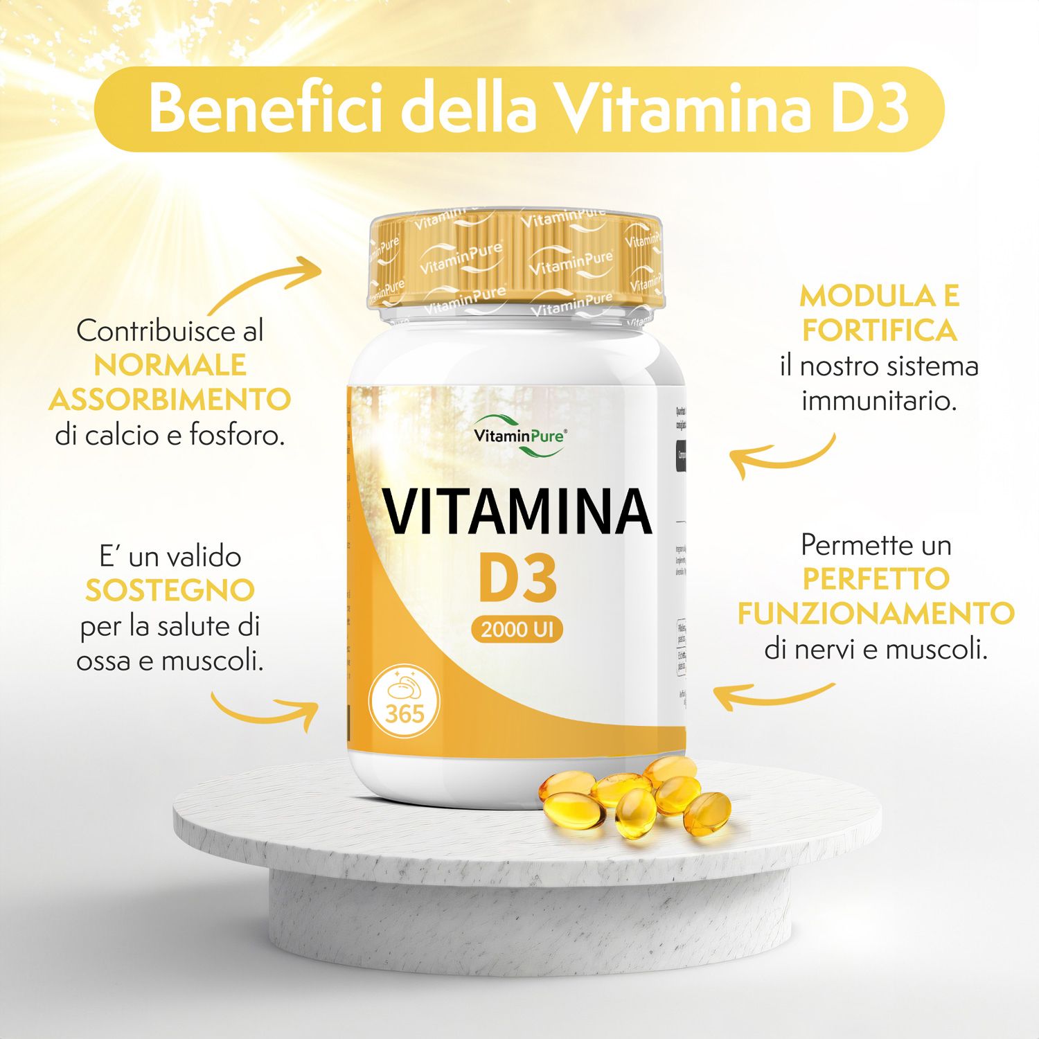 Flacone VitaminPure® Vitamina D3 2000 UI su piedistallo. Testo: Benefici della Vitamina D3. Softgel gialle accanto.