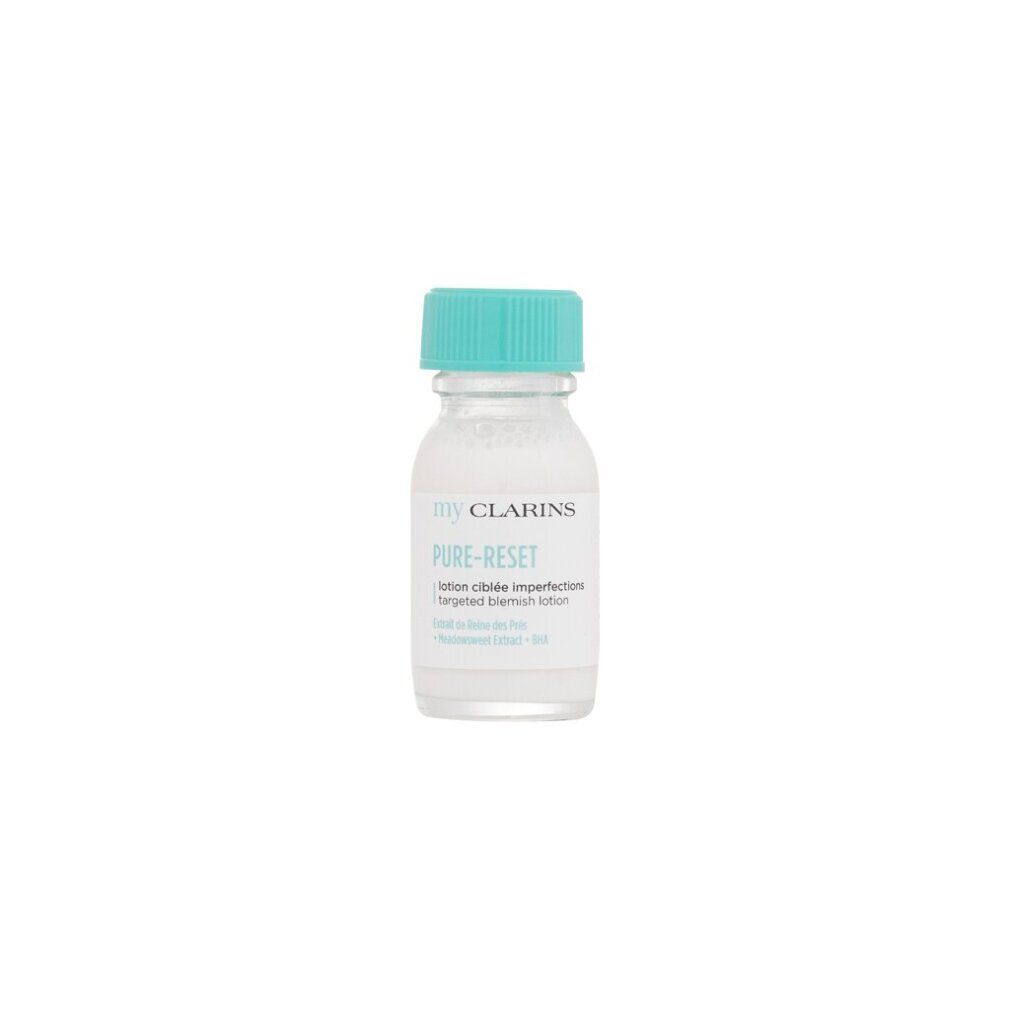 Piccolo flacone di lozione my CLARINS Pure-Reset con tappo turchese. Etichetta del prodotto con logo e nome del prodotto.