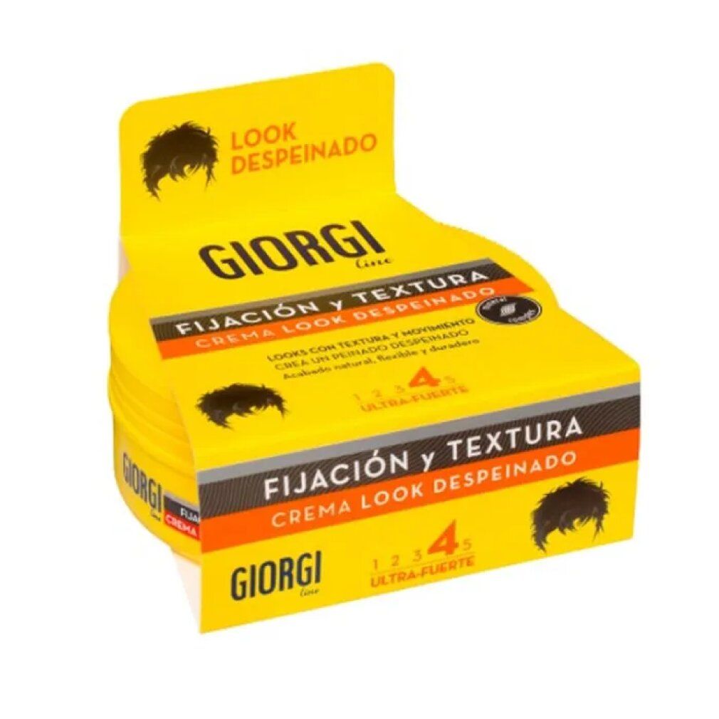 Confezione gialla con testo: GIORGI Line, Fijaion y Textura, Look Despeinado. Forza 4. Più confezioni impilate.