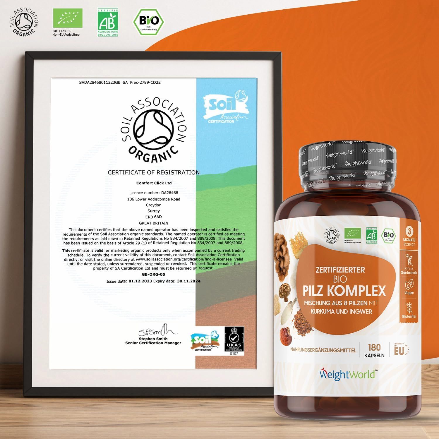 Certificato della Soil Association Organic. Flacone con etichetta: BIO Pilz Komplex. Sigilli: UE, Vegan, Bio. Marchio: WeightWorld.