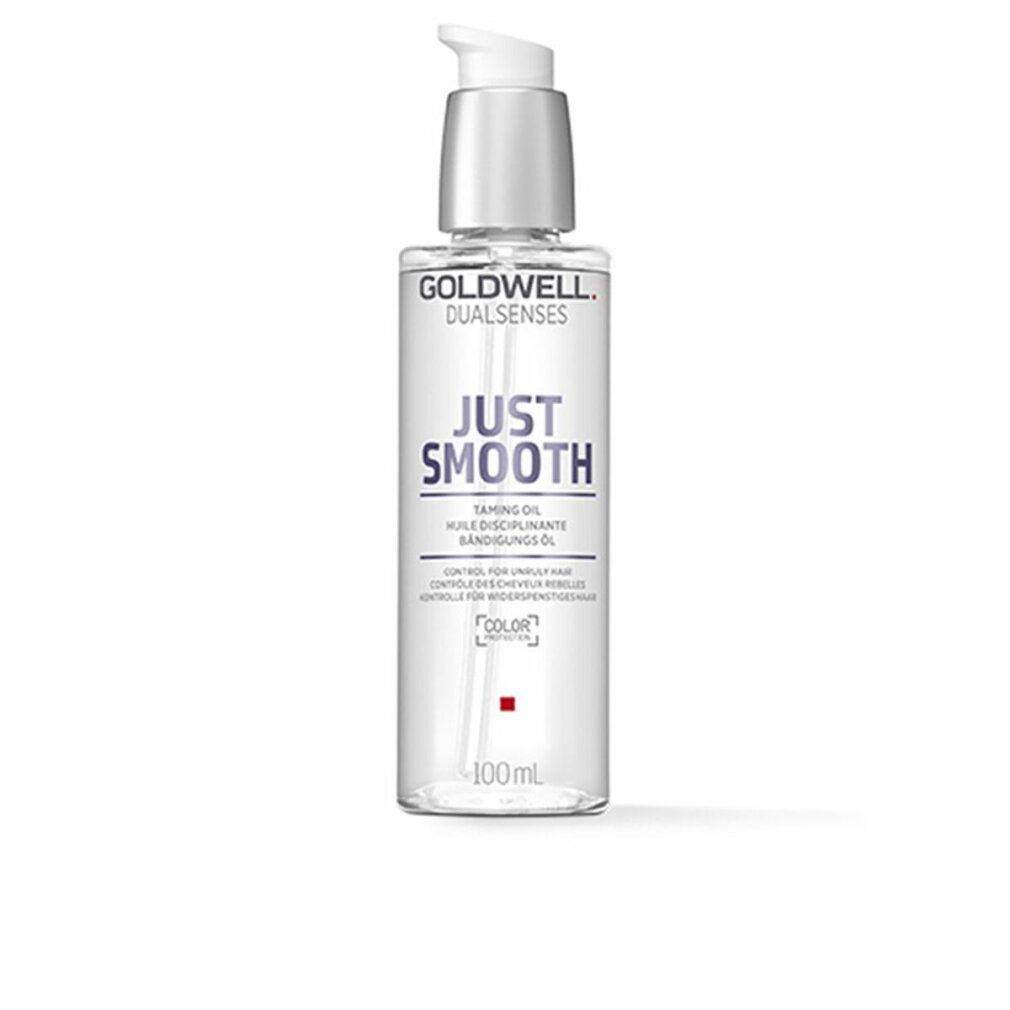 Goldwell Dualsenses Just Smooth Taming Oil. Flacone trasparente con dosatore. Nome del prodotto e marchio visibili.