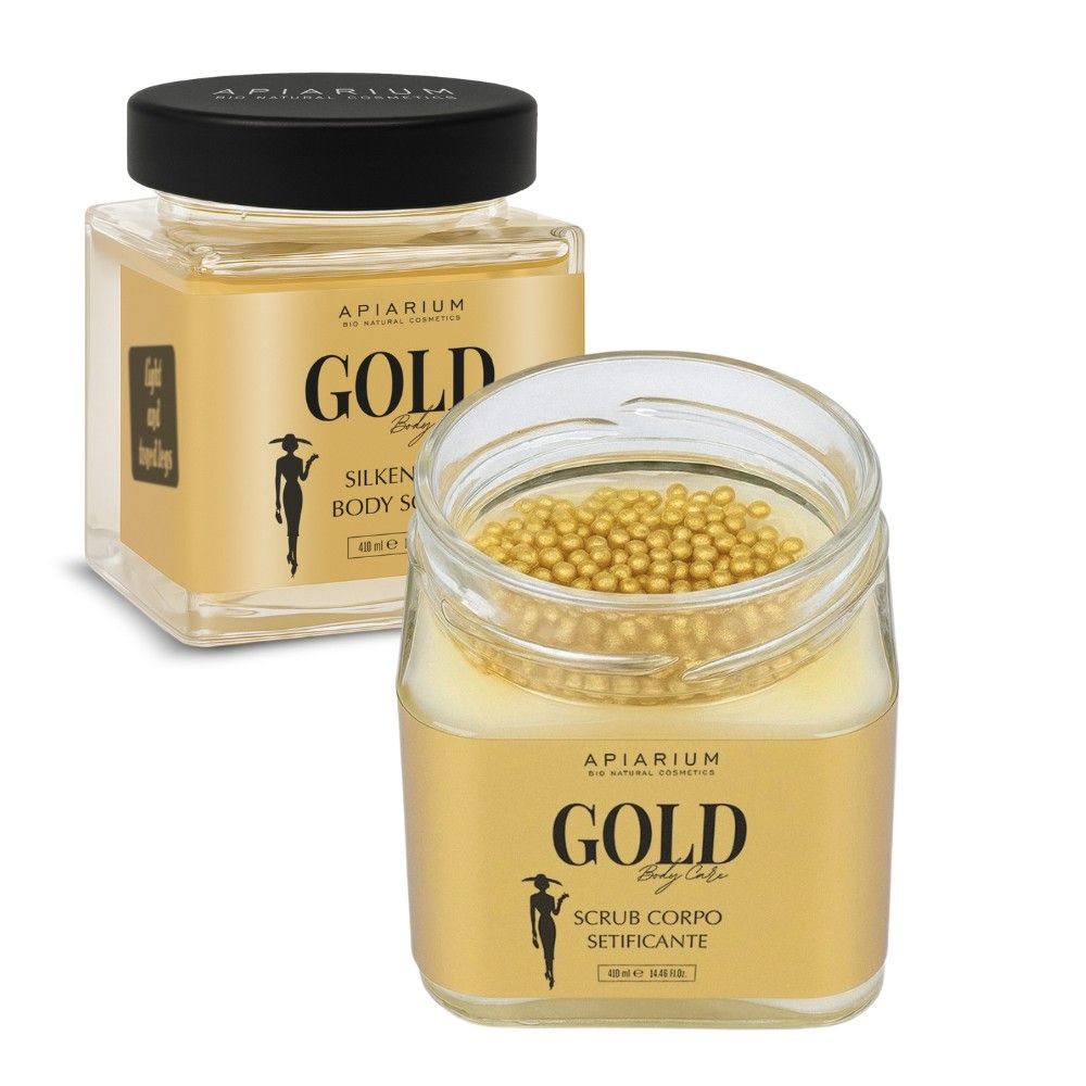 Apiarium Gold Body Scrub: due vasetti, uno aperto con perline dorate.