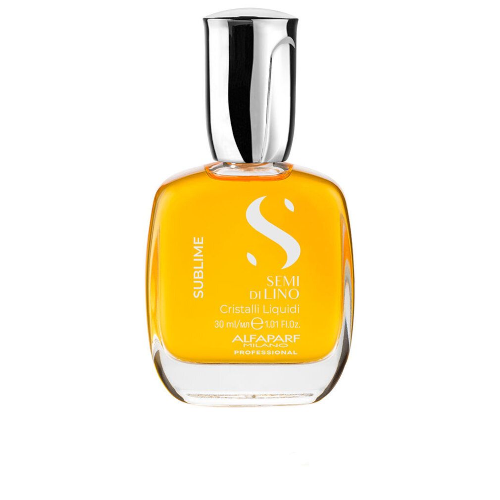 Flacone in vetro con prodotto per capelli liquido giallo. Tappo argentato. Nome del prodotto e dettagli sull'etichetta.