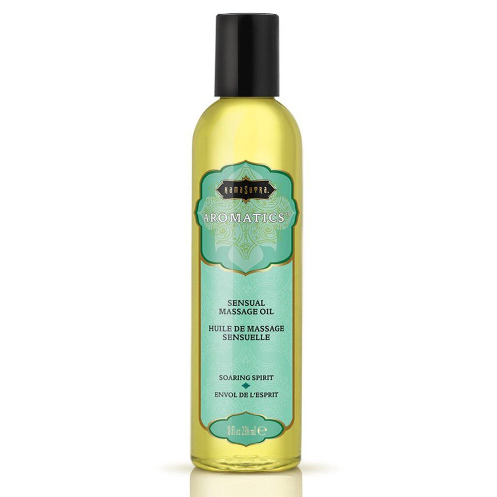 Flacone di olio da massaggio con etichetta turchese e tappo nero.