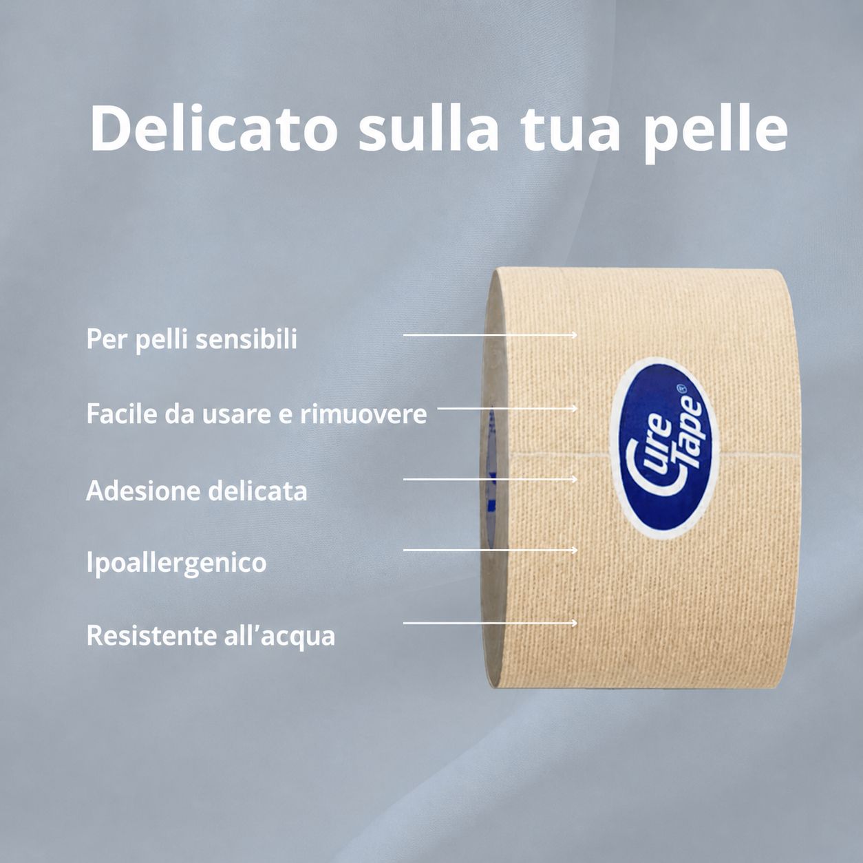 Rotolo di tape kinesiologico con logo 'Cure Tape'. Testo: Delicato sulla pelle, per pelli sensibili, facile da usare, adesione delicata, ipoallergenico, resistente all'acqua.