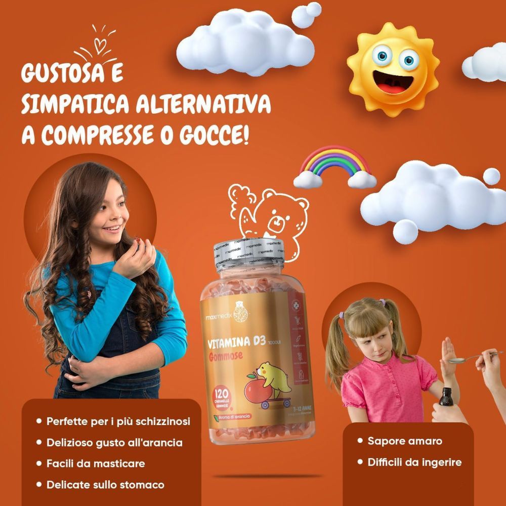 Due bambini. Bottiglia di gommosi Vitamina D3, 120 pezzi. Testo: maxmedix, 120 pezzi, 4 mesi, gusto arancia.
