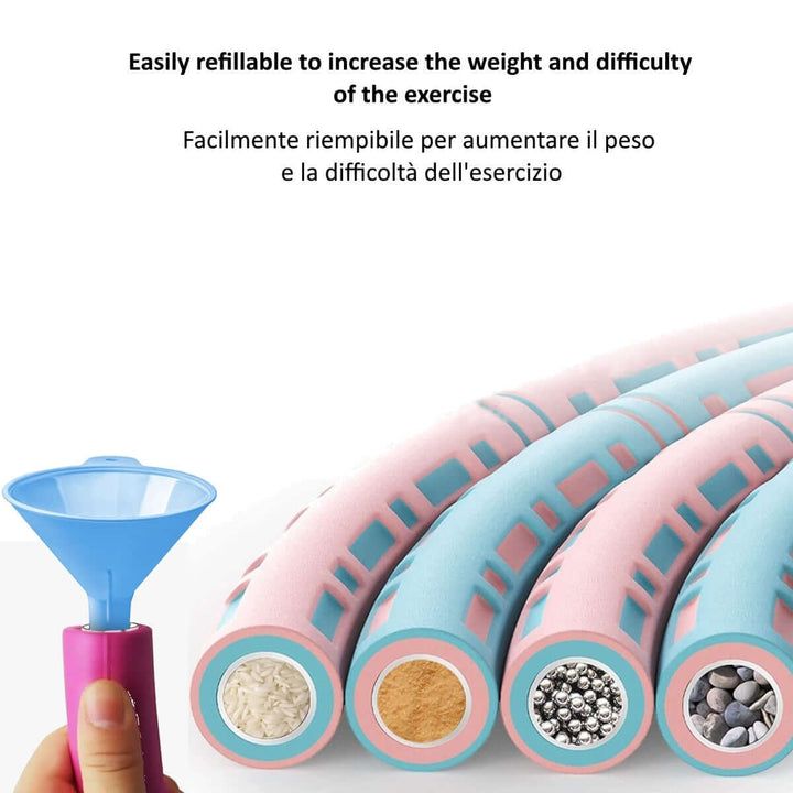 Segmenti hula-hoop con materiali di riempimento. Imbuto per riempire. Testo: Facile da riempire.
