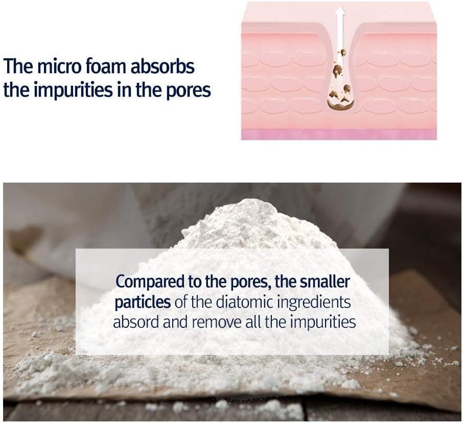 Diagramma che mostra la pulizia dei pori. La schiuma assorbe le impurità. La terra diatomacea rimuove le impurità.