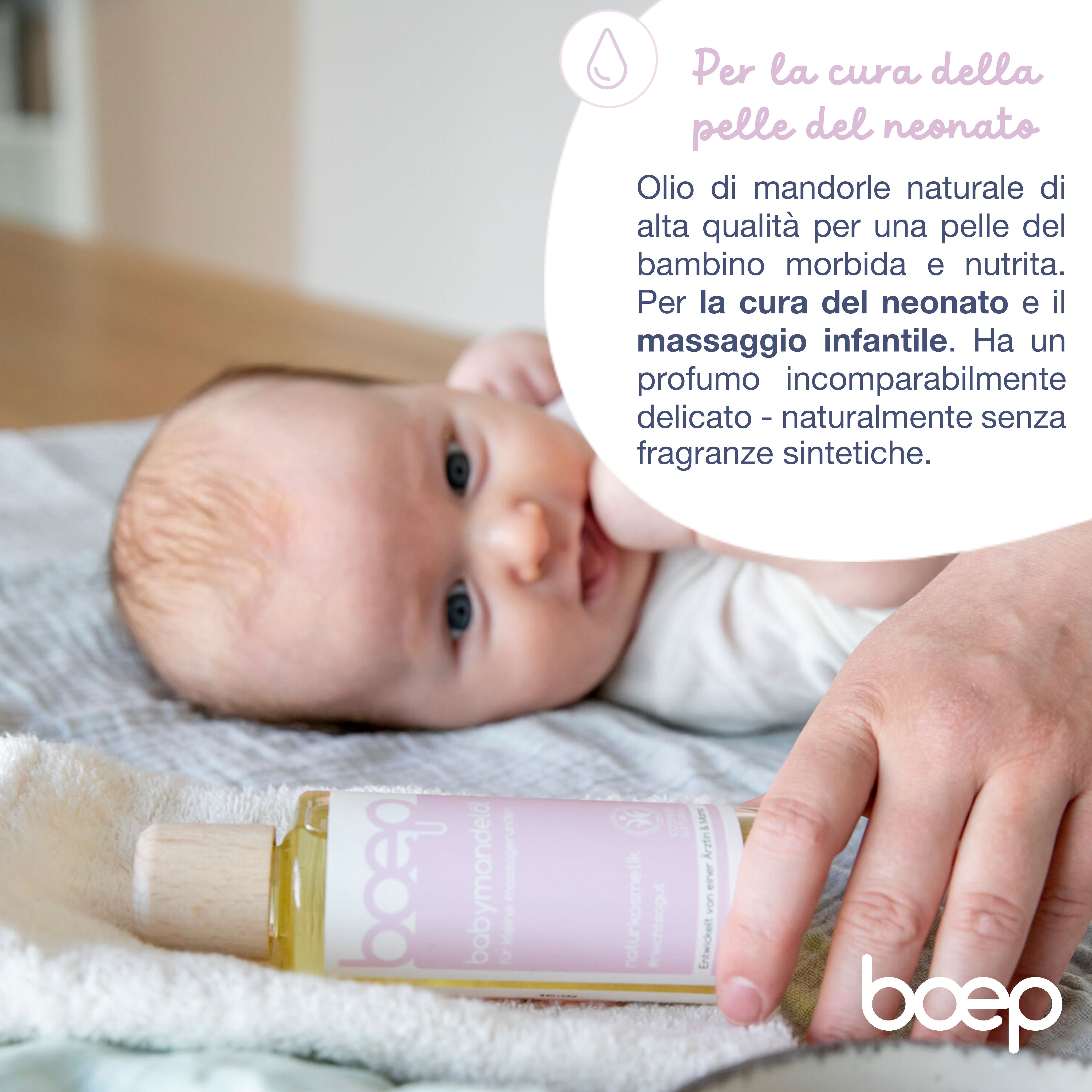 Bambino tenuto in braccio, flacone di olio di mandorle per bambini. Logo: boep. Testo: Per la cura della pelle del neonato.