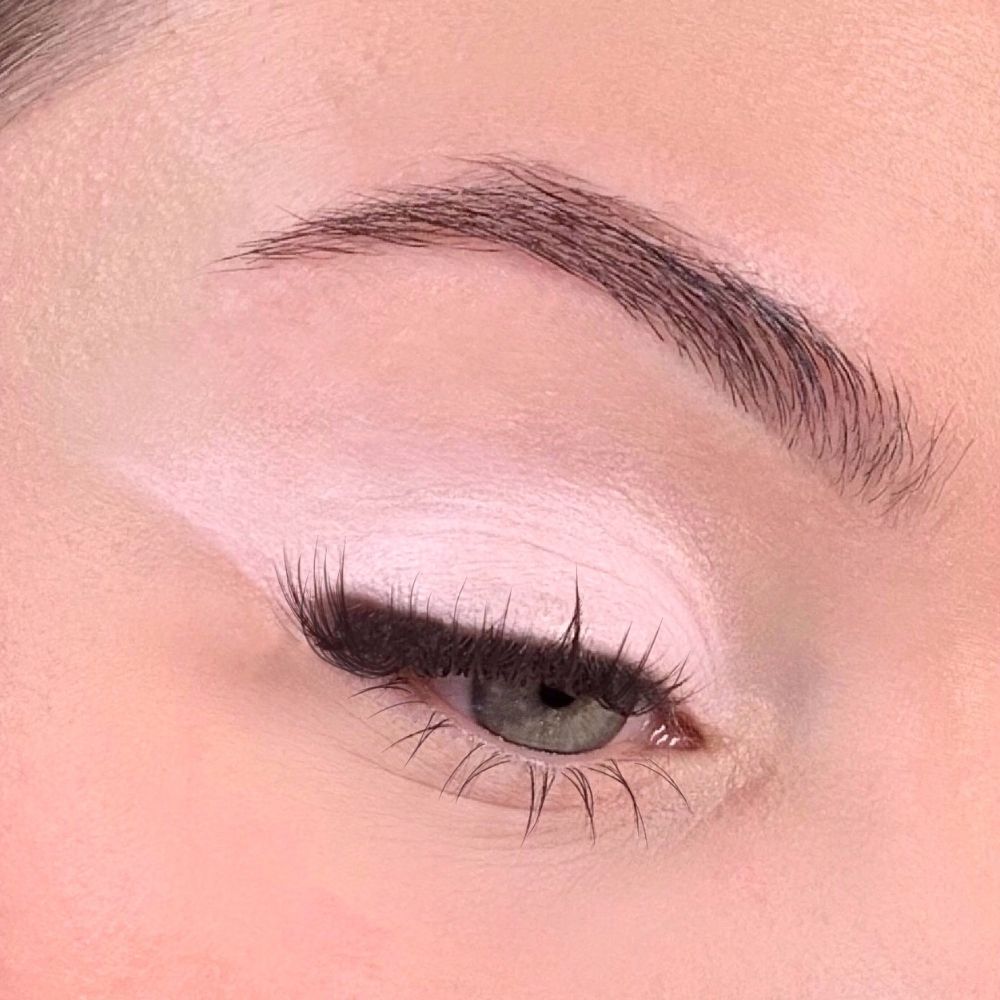 Occhio con ombretto rosa. Palpebra coperta da ombretto rosa. Sopracciglia e ciglia visibili.