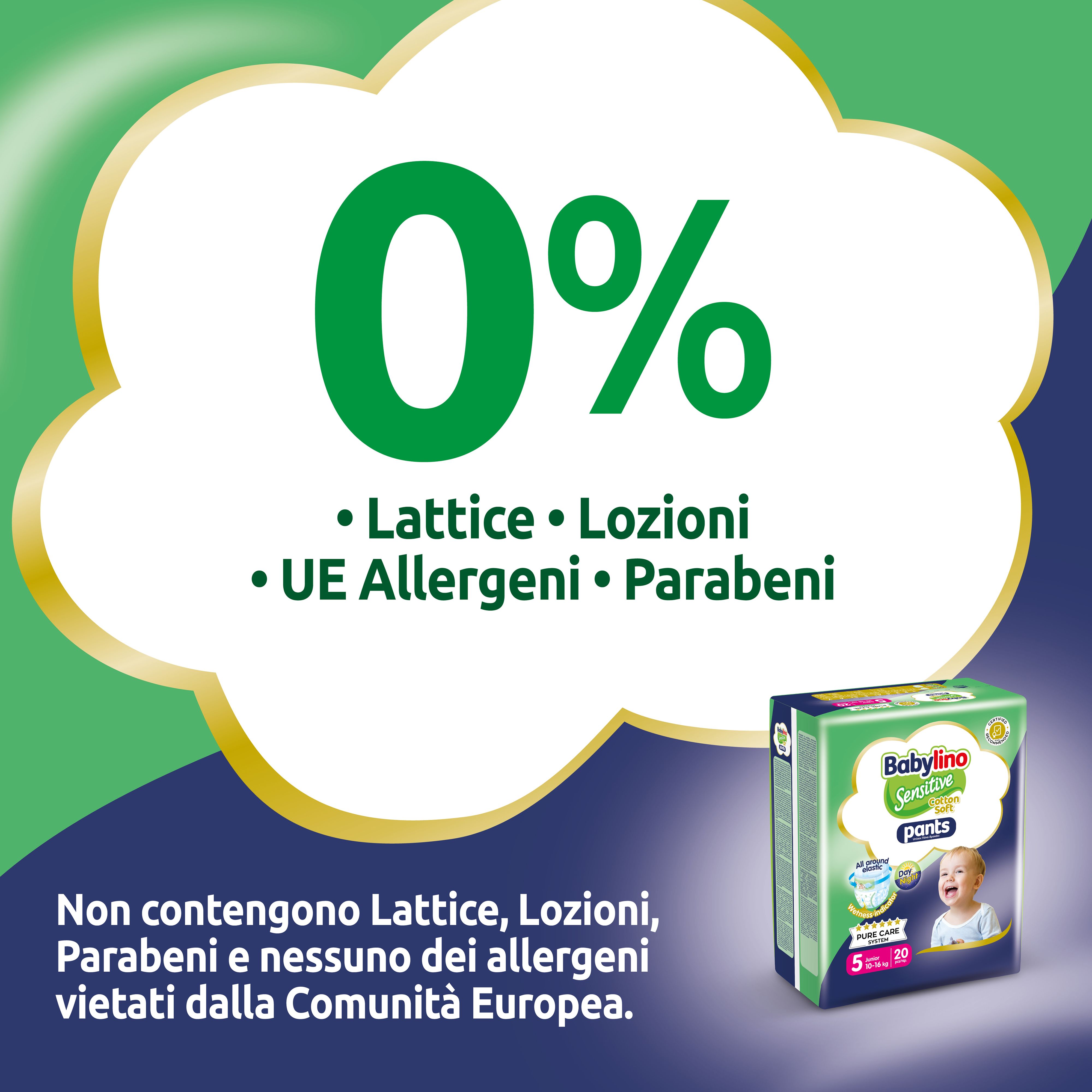 Babylino Sensitive Pants con 0% lattice, lozioni, allergeni UE, parabeni. Immagine del prodotto. Cornice dorata.