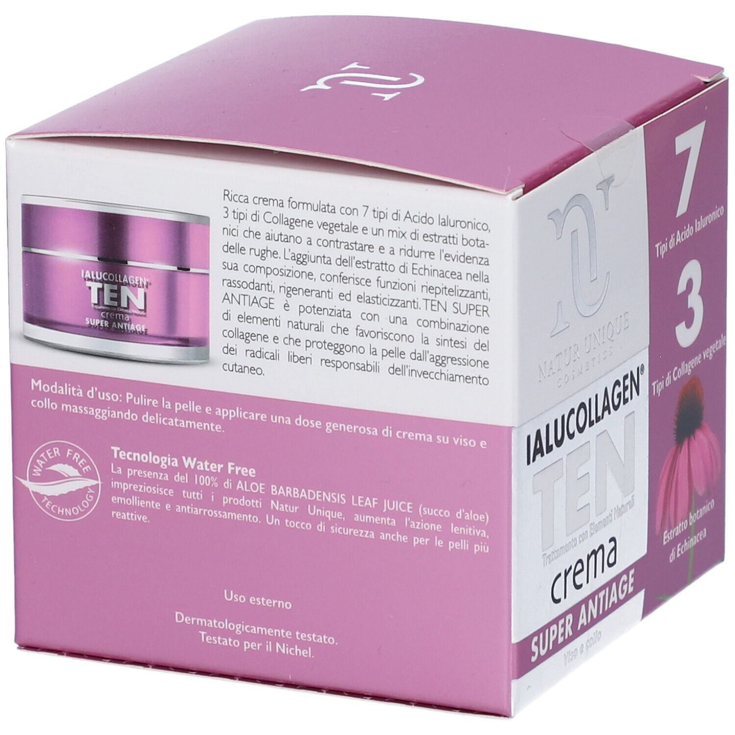 Confezione crema. Scritta: IALUCOLLAGEN TEN crema SUPER ANTIAGE. Con 7 tipi di acido ialuronico e 3 di collagene vegetale.