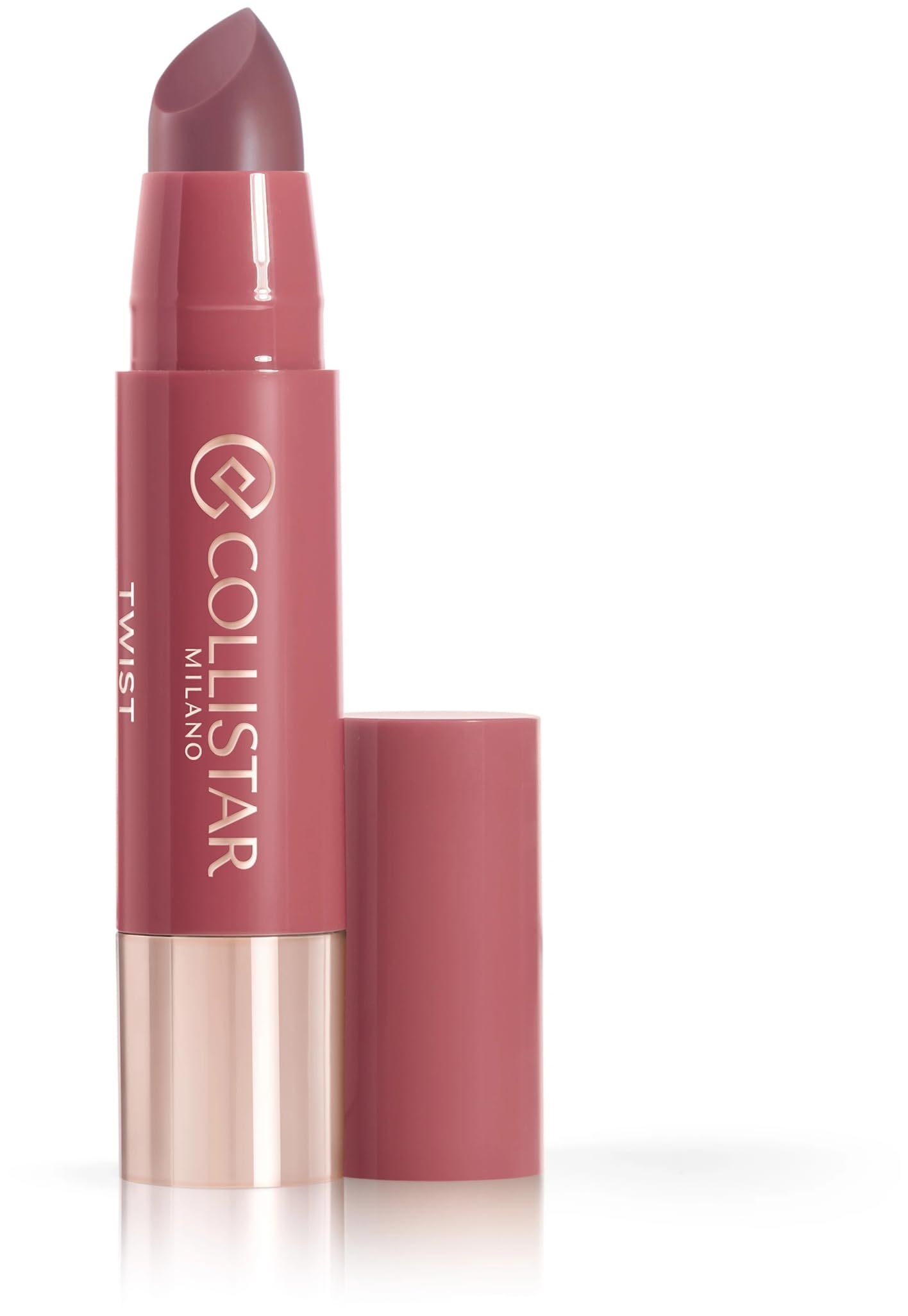 Rossetto con astuccio rosa e cappuccio aperto. Il rossetto è rosa e riporta la scritta "Collistar Twist Milano".