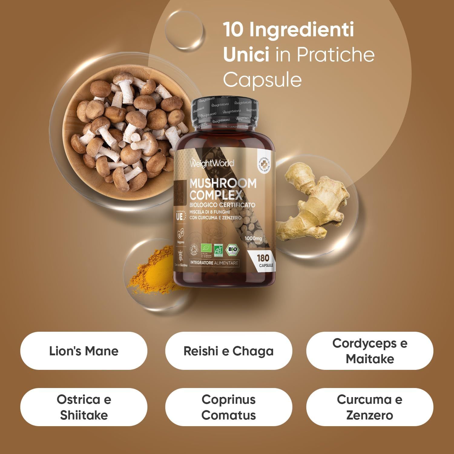 Flacone di prodotto con ingredienti. Scritta: Mushroom Complex, 180 capsule. Sigilli: UE, Vegan, Bio. Marchio: WeightWorld. Ingredienti illustrati.