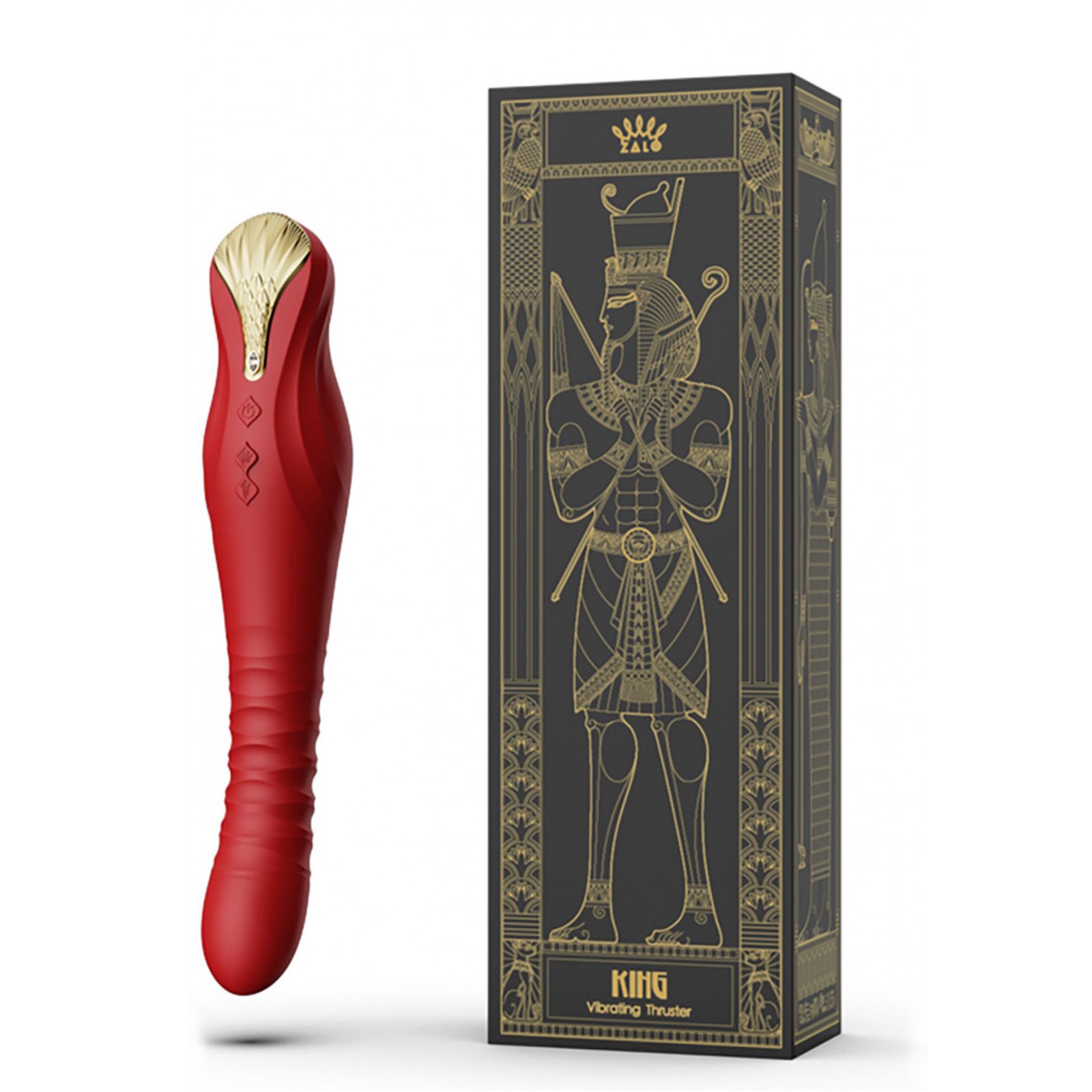 Vibratore rosso accanto a confezione nera. Ornamenti dorati e scritta KING. Su sfondo bianco.