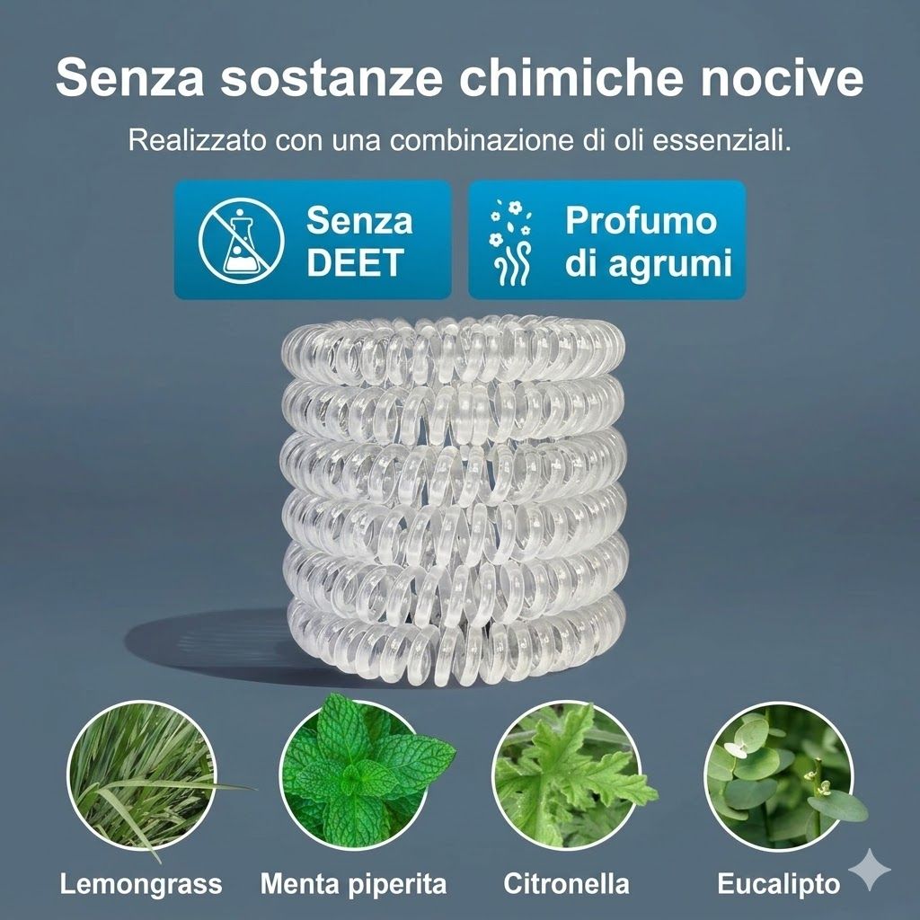 Pila di braccialetti a spirale trasparenti. Testo: Senza DEET, profumo di agrumi. Illustrazioni: Citronella, menta piperita, citronella, eucalipto.