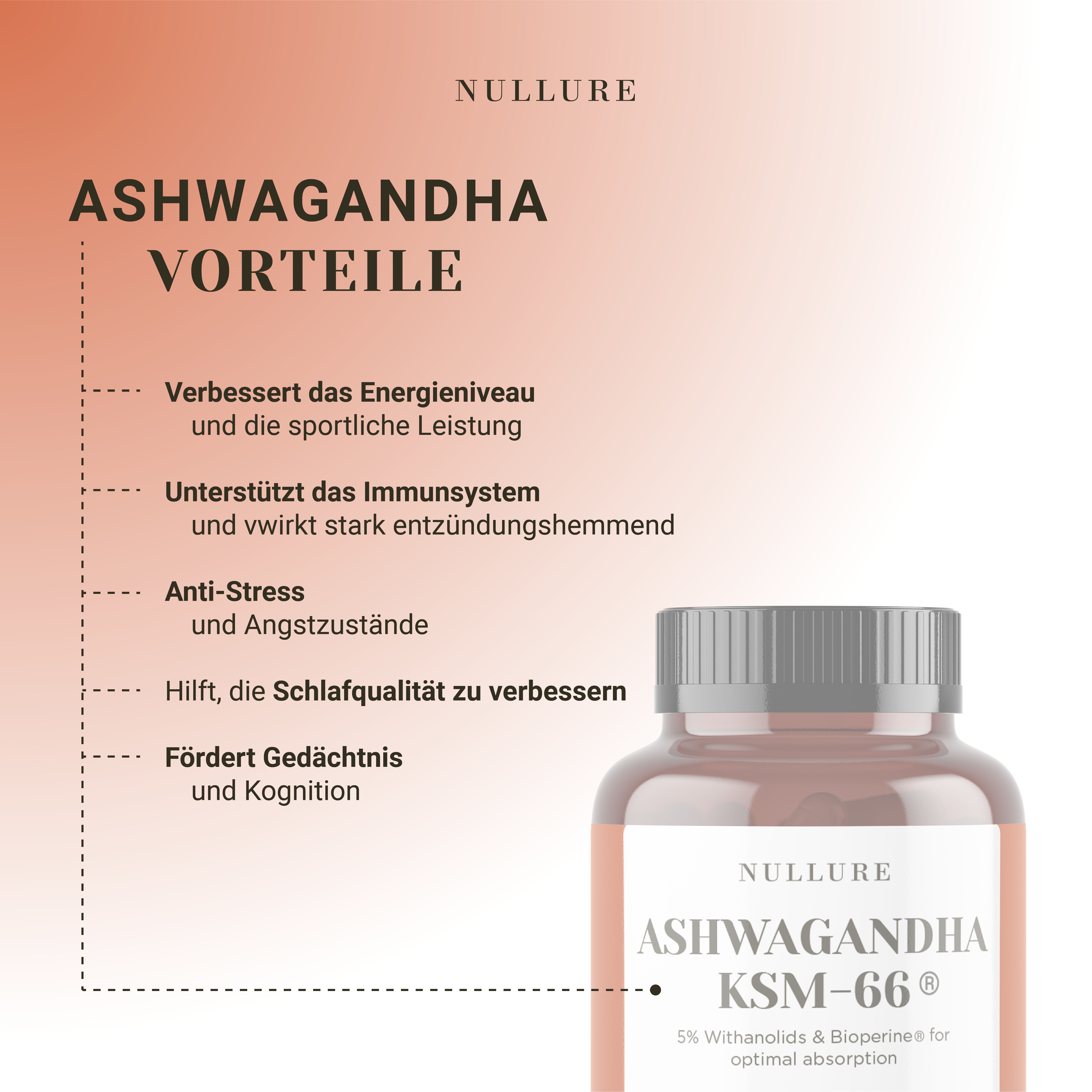 Flacone marrone con capsule. Scritta: Ashwagandha Benefici. Testo sui benefici: energia, sistema immunitario, anti-stress, sonno, memoria.