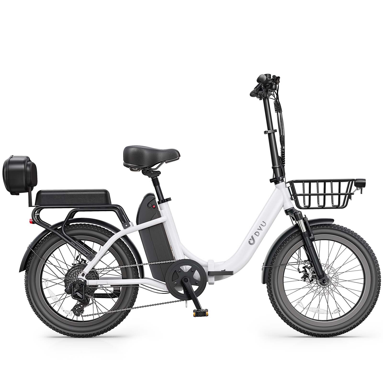 Bicicletta elettrica bianca con cestino, portapacchi, parafanghi e pneumatici neri. Logo DYU visibile.