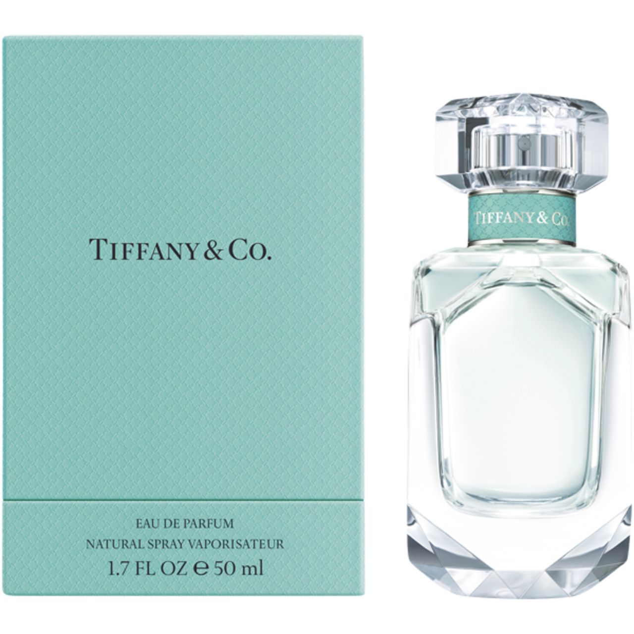 Tiffany & Co. EdP Nat. Spray e confezione. Scatola turchese e flacone. Flacone sfaccettato, fascia turchese.