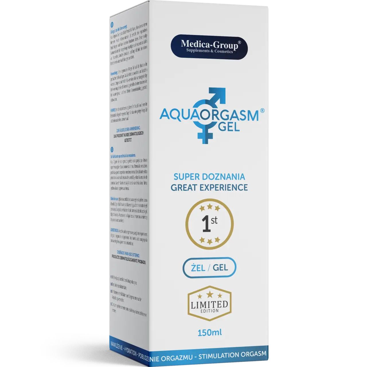 Confezione bianca con logo AquaOrgasm Gel, Medica-Group. Testo: Super Doznania Great Experience. Edizione limitata. 150ml.