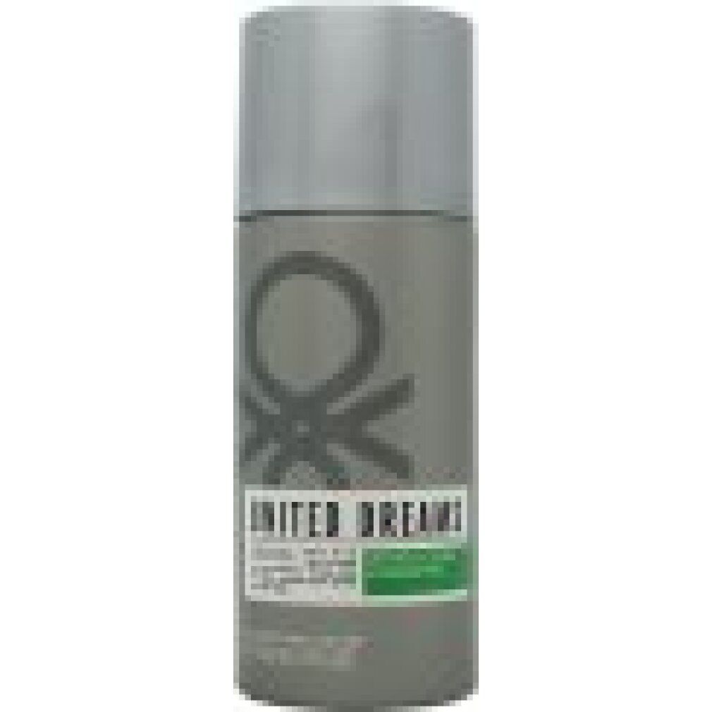 Bomboletta spray deodorante grigia con tappo argentato. Logo e scritta "UNITED DREAMS". Etichette verdi e bianche.
