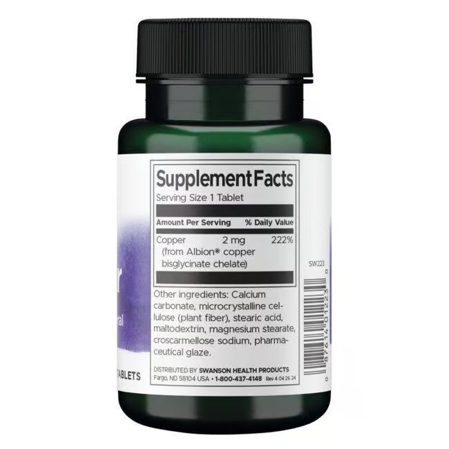 Retro del flacone. Etichetta "Supplement Facts". Contiene rame 2 mg. Altri ingredienti elencati.