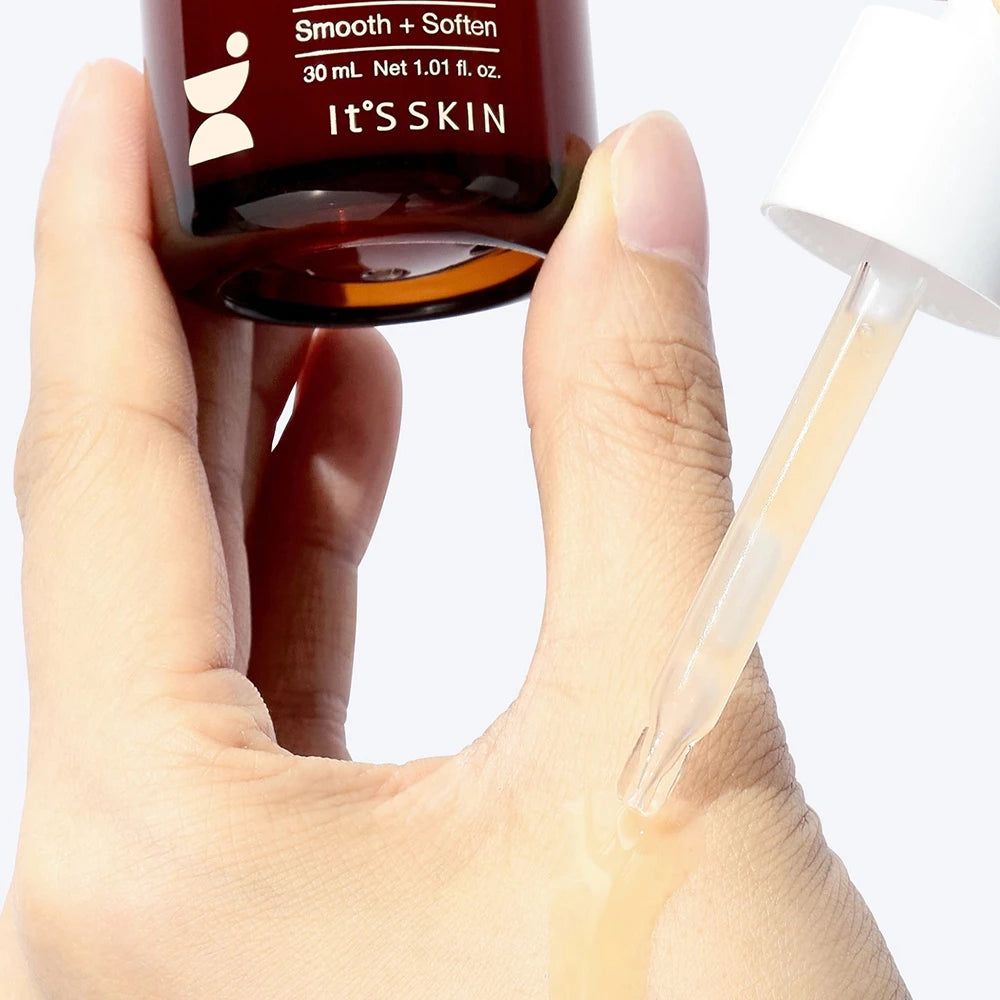 Flacone marrone con tappo bianco e pipetta. Nome prodotto: IT'S SKIN Dr. Savers Bifida Silky Serum. Scritta: 30 ml.
