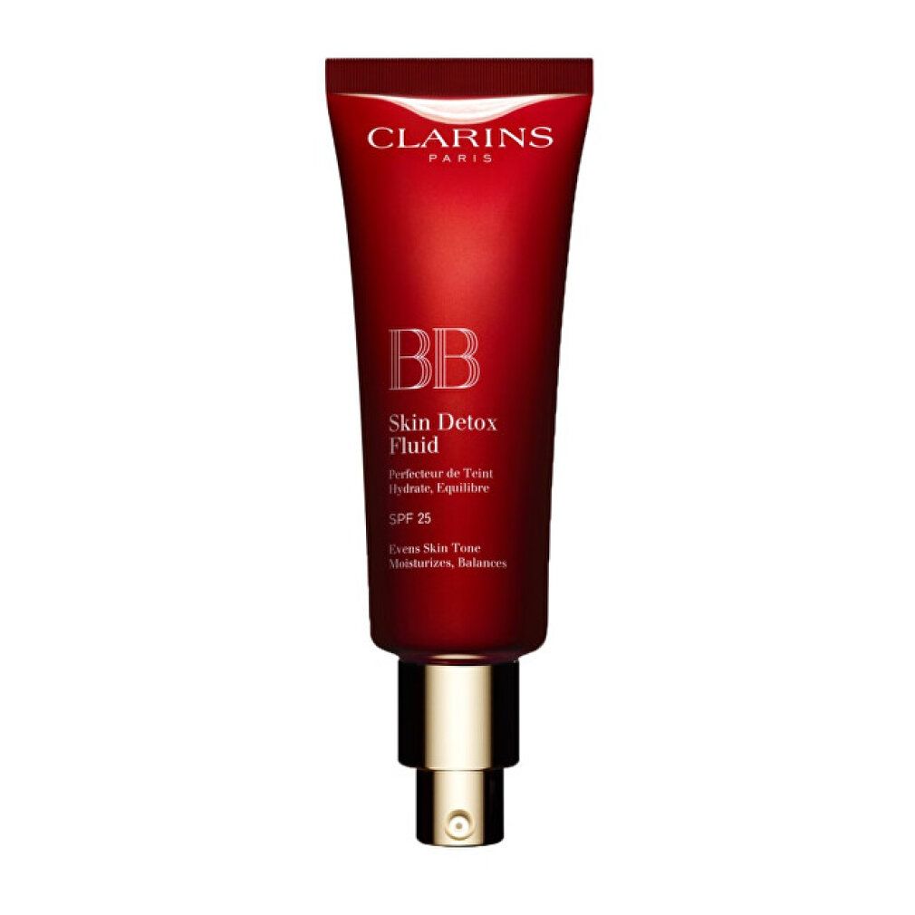 Tubo rosso con BB Skin Detox Fluid SPF25. Marchio Clarins.
