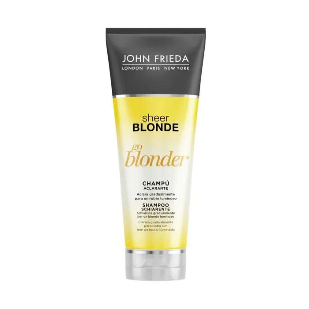 Shampoo John Frieda Sheer Blonde Go Blonder. Tubo giallo con tappo nero. Nome e logo del prodotto ben visibili.