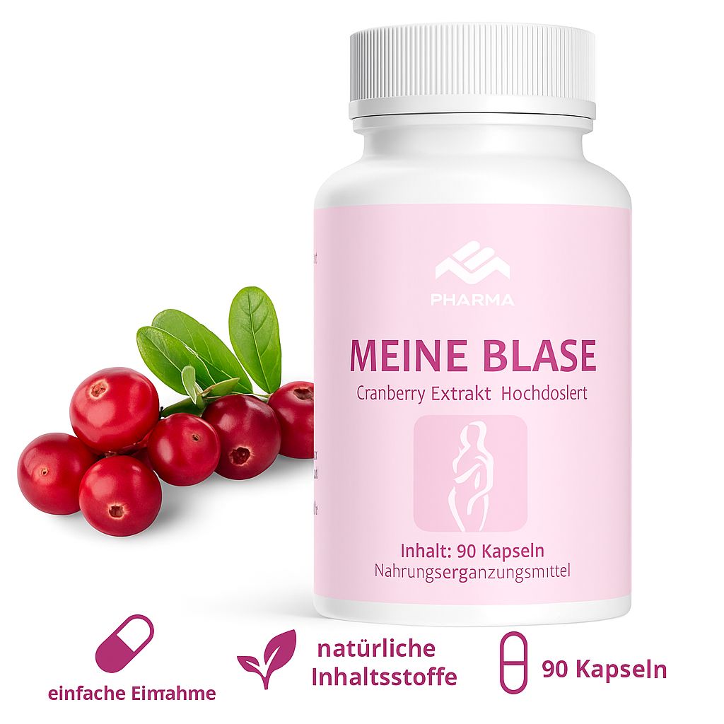 Flacone bianco con etichetta rosa. Scritta: MEINE BLASE, estratto di mirtillo rosso. Bacche e foglie di mirtillo rosso accanto. 90 capsule.