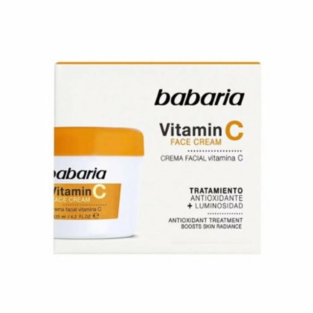 Babaria Crema Viso Vitamina C. Vasetto bianco con coperchio arancione. Testo: Trattamento antiossidante, aumenta la luminosità. 50 ml.