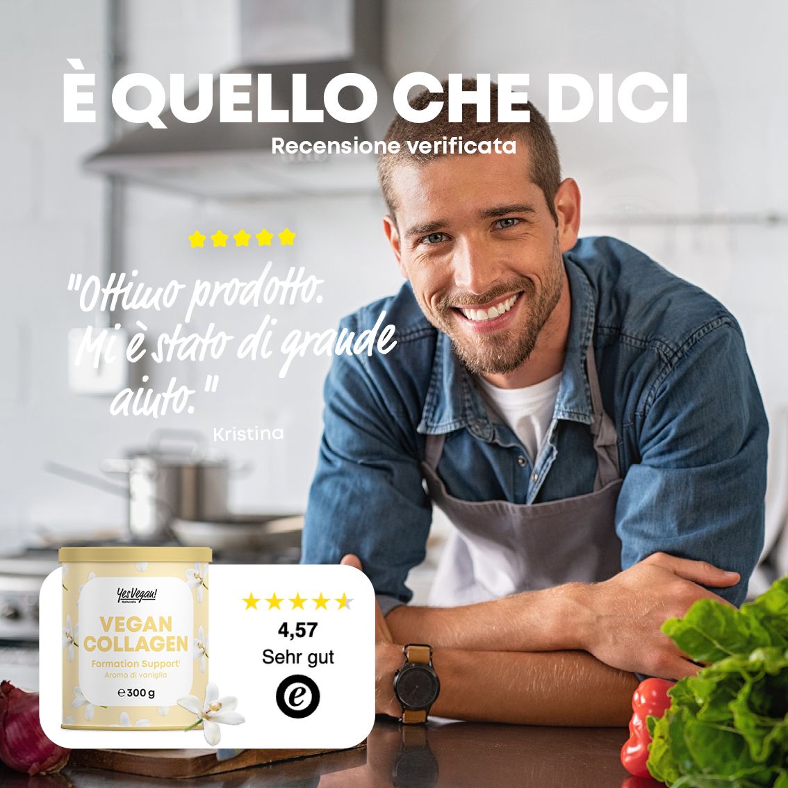 Uomo sorridente, lattina di polvere di collagene vegano vaniglia, recensione cliente (Olandese).