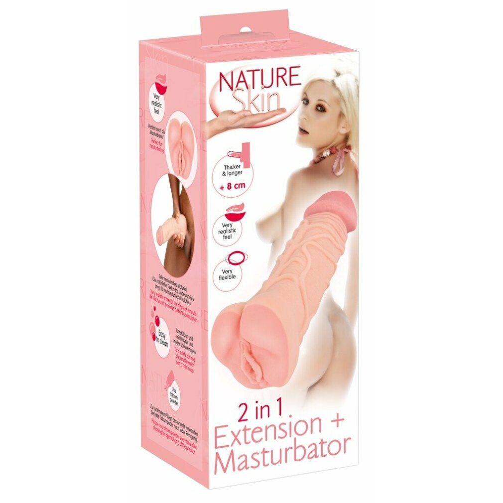Confezione con prodotto. Scritta: NATURE SKIN, 2 in 1 Extension + Masturbatore. Illustrazione di donna.