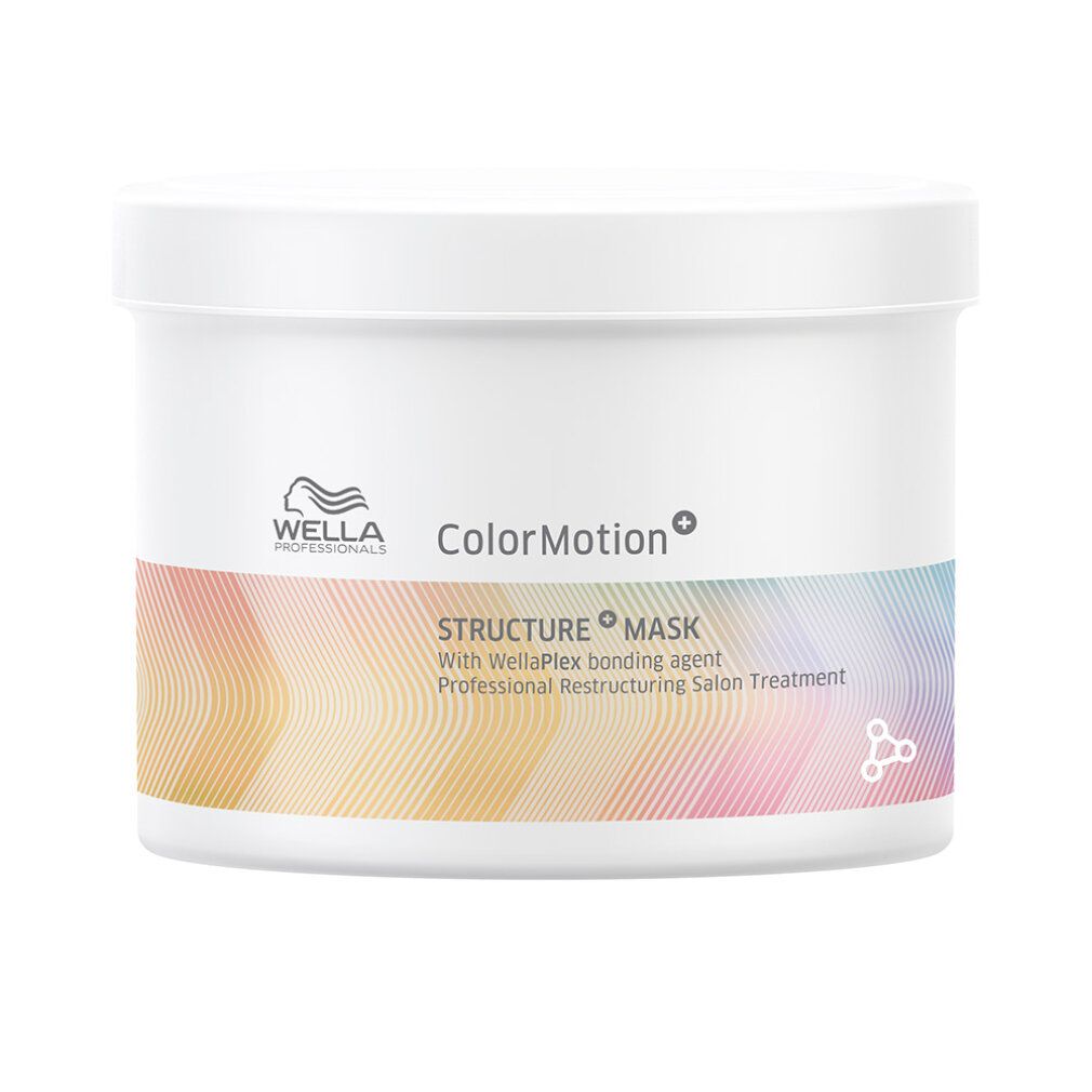 Vaso bianco con etichetta colorata. Scritta: Wella ColorMotion+ Structure Mask.