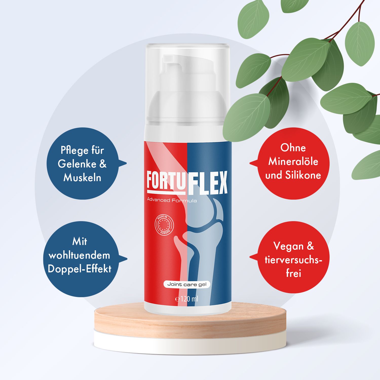 Flacone di Fortuflex Gel su base in legno. Colori rosso, blu e bianco. Scritta: Fortuflex, Advanced Formula, Joint care gel, 120 ml. Testo: Cura per articolazioni e muscoli.