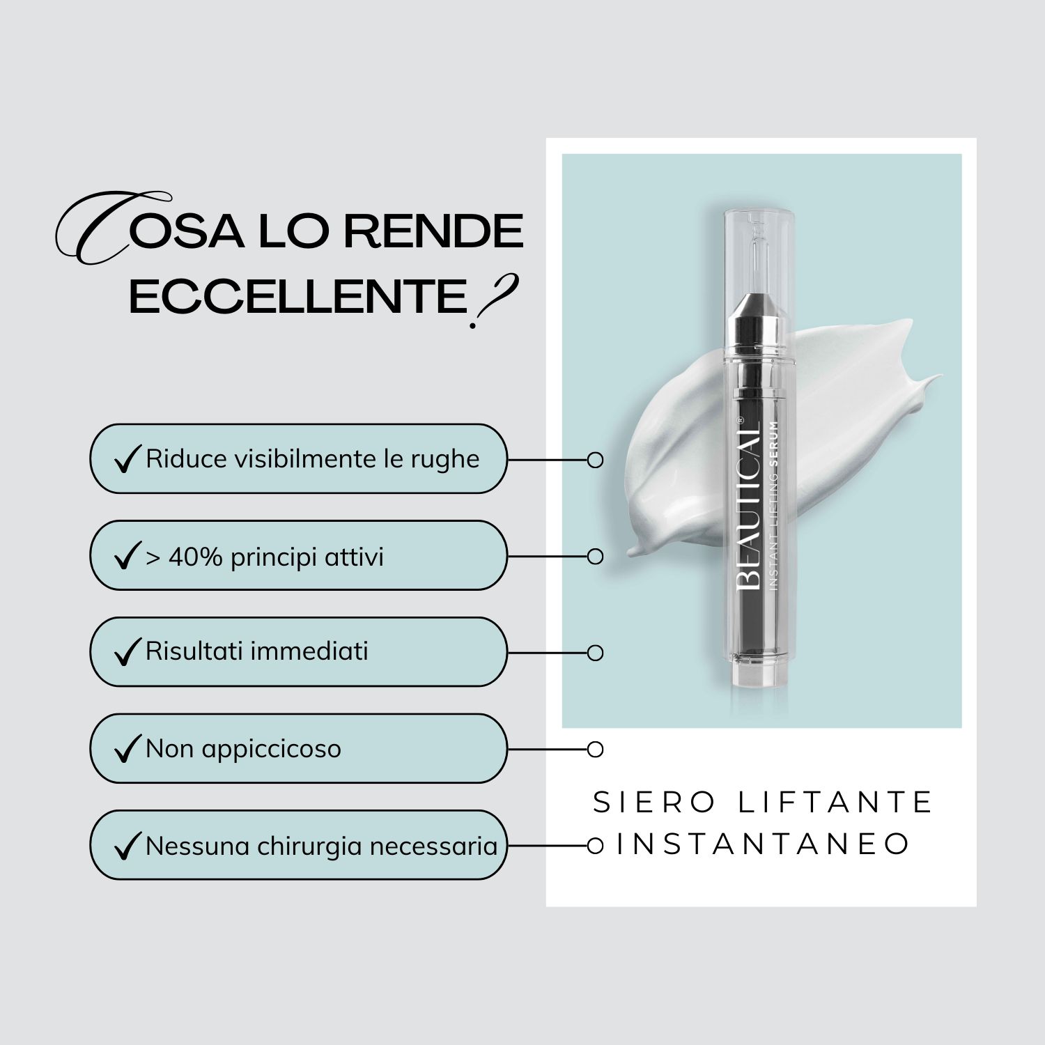 Flacone di siero con testo. Scritta: BEAUTICAL Instant Lifting Serum.