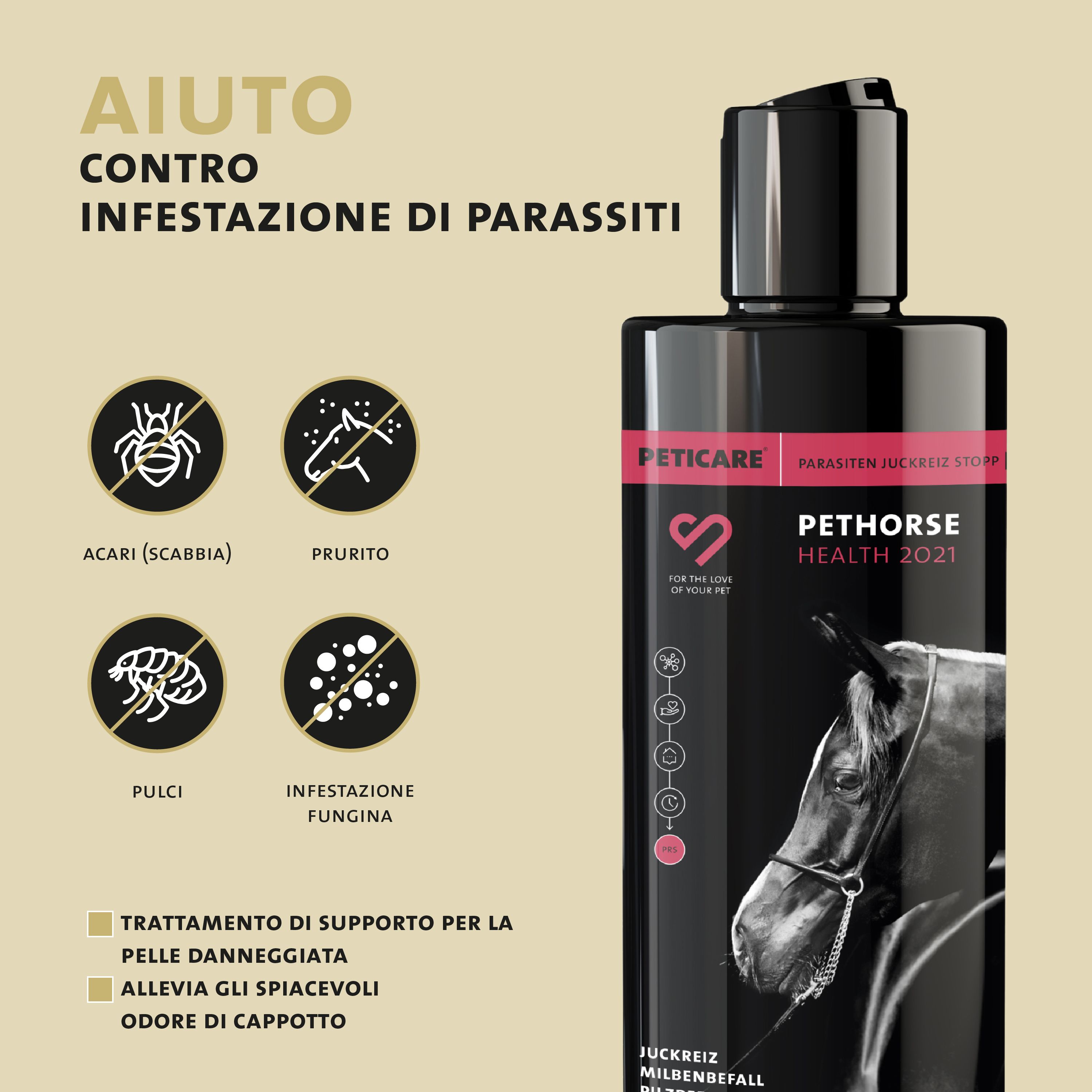 Flacone di shampoo Peticare Pethorse Health 2021. Flacone nero con scritte rosse e bianche. Illustrazione di una testa di cavallo. Aiuta contro i parassiti.