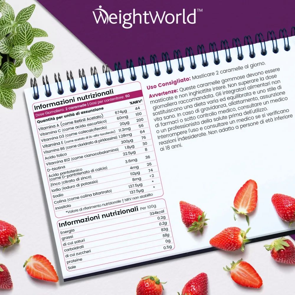 WeightWorld. Informazioni su 2 caramelle gommose. Informazioni nutrizionali. Ingredienti. Istruzioni per l'uso. Fragole.
