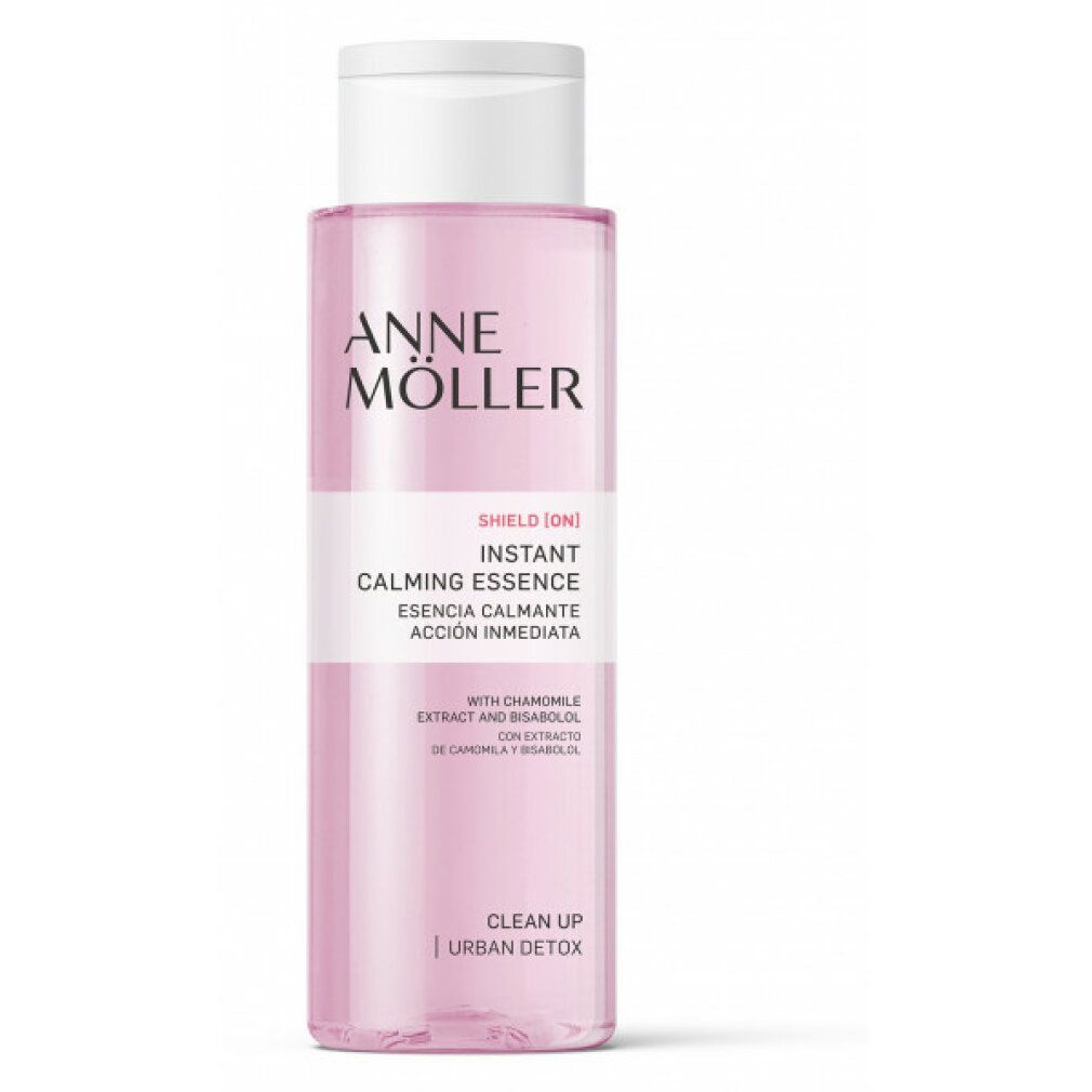 Flacone rosa con tappo bianco. Scritta: Anne Möller, Instant Calming Essence, Clean Up Urban Detox. Con camomilla.