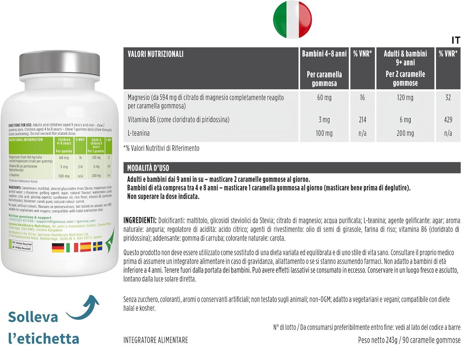 Bottiglia con etichetta e tabella nutrizionale per 'Calm Magnesium Gummies'. Contiene Magnesio, Vitamina B6, L-Teanina.
